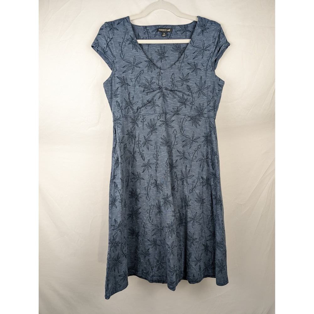 Toad Co Leaf Print Midi Dress Size M Blue Short Sleeve Pockets Casual Outdoor - Picture 2 of 10